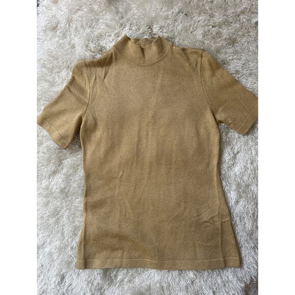Gold Metallic knit St. John Mock Neck short sleeved sweater small 80's - Picture 6 of 7